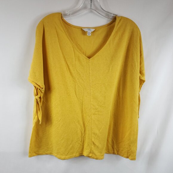 Time and Tru Yellow Womens Slit/Tie/Short Slv Wide V Neck Blouse Sz L 12-14 - Picture 1 of 11
